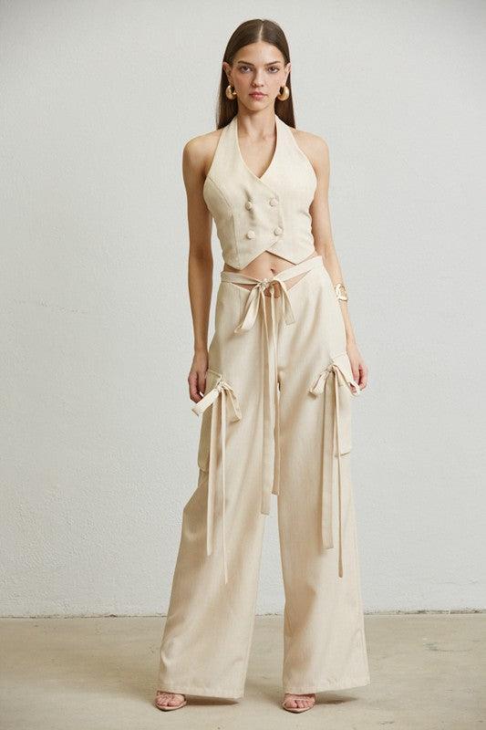 LINEN LOOK VEST CARGO 2PC SET - PRIVILEGE 