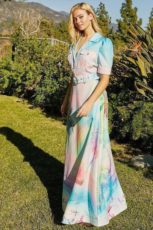 Pastel Paradise Palm Trees & Beach Scenes Dress - PRIVILEGE 