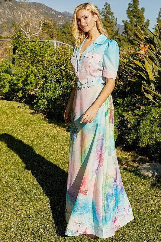 Pastel Paradise Palm Trees & Beach Scenes Dress - PRIVILEGE 