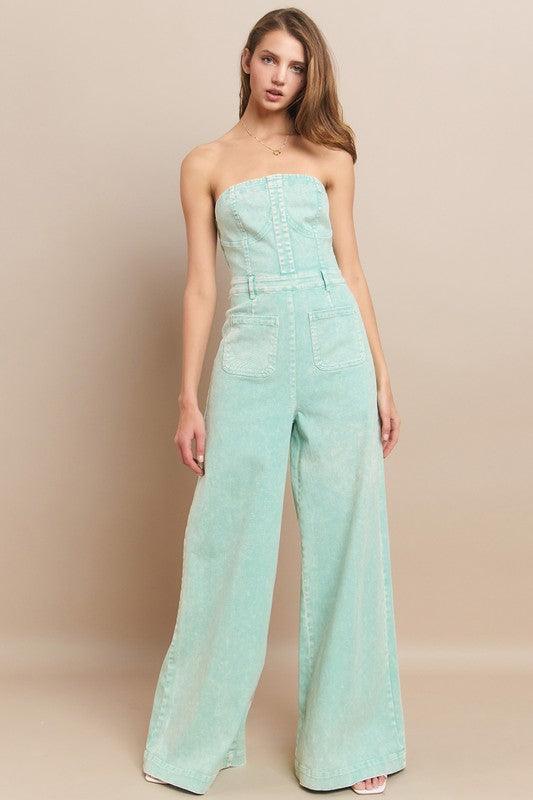 WIDE LEG MINERAL ACID WASH TUBE TOP DENIM JUMPSUIT - PRIVILEGE 