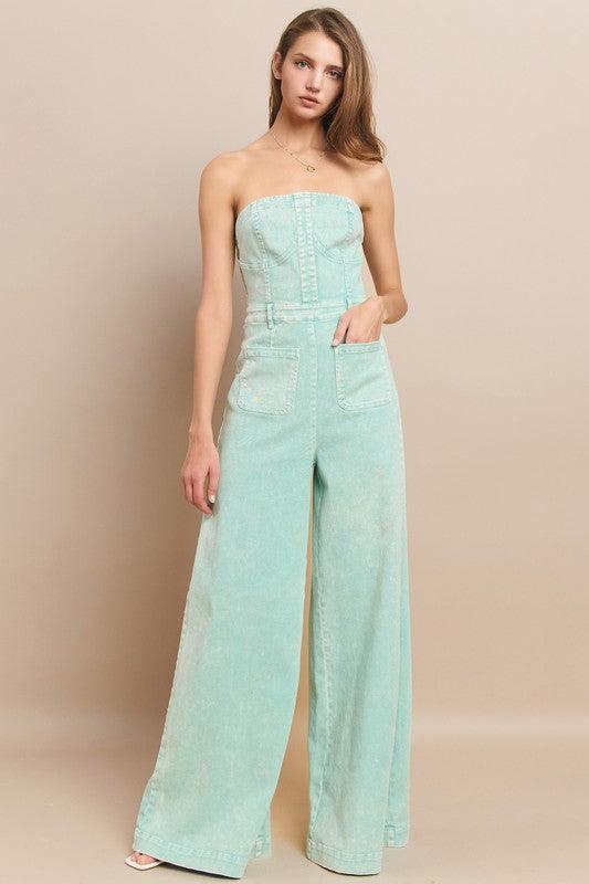 WIDE LEG MINERAL ACID WASH TUBE TOP DENIM JUMPSUIT - PRIVILEGE 