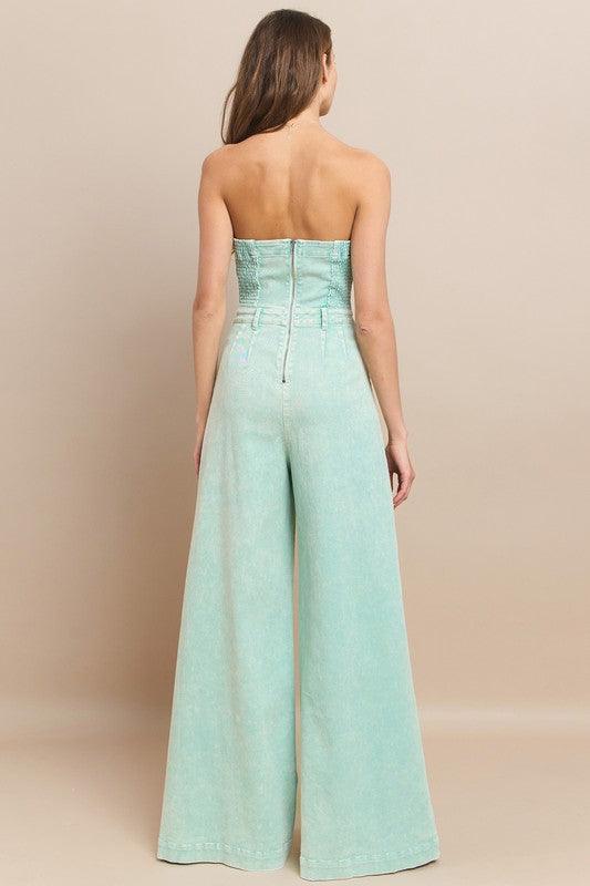 WIDE LEG MINERAL ACID WASH TUBE TOP DENIM JUMPSUIT - PRIVILEGE 