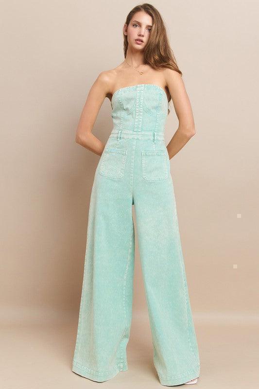 WIDE LEG MINERAL ACID WASH TUBE TOP DENIM JUMPSUIT - PRIVILEGE 