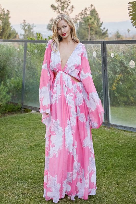 Floral Dream Pink Print Dress for Elegance with dolman sleeves and open sides - PRIVILEGE 