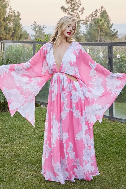 Floral Dream Pink Print Dress for Elegance with dolman sleeves and open sides - PRIVILEGE 
