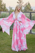 Floral Dream Pink Print Dress for Elegance with dolman sleeves and open sides - PRIVILEGE 
