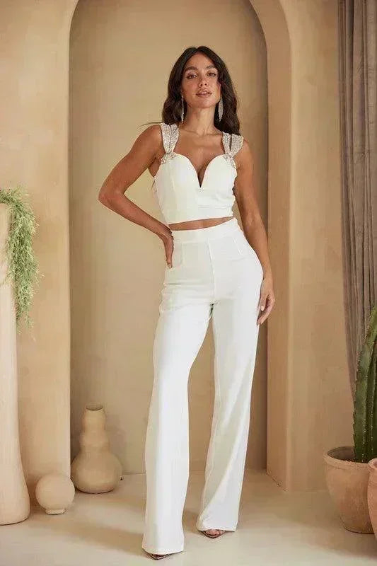 RHINESTONE CROP TOP WITH FLARE PANTS PRIVILEGE