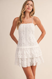 FLORAL EYELET DROPWAIST TIERED MINI DRESS