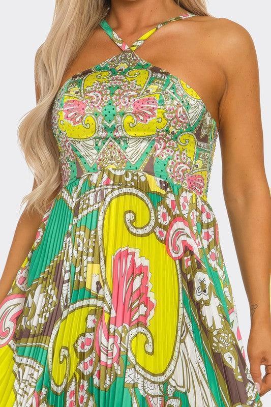 ABSTRACT MULTI PRINT PLEATED MAXI DRESS PRIVILEGE