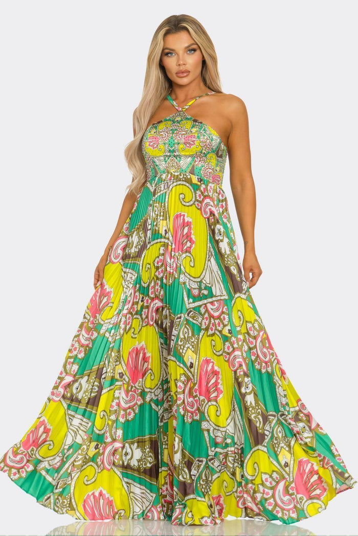 ABSTRACT MULTI PRINT PLEATED MAXI DRESS PRIVILEGE
