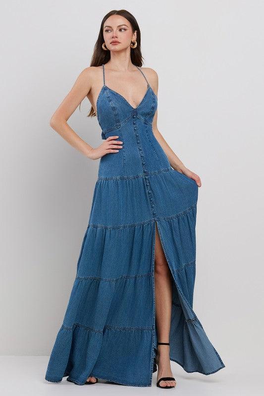 DENIM O-RING BACK DETAILED TIERED MAXI DRESS PRIVILEGE