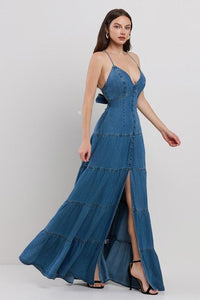 DENIM O-RING BACK DETAILED TIERED MAXI DRESS PRIVILEGE