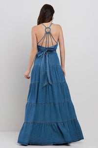 DENIM O-RING BACK DETAILED TIERED MAXI DRESS PRIVILEGE