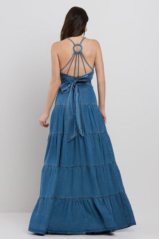 DENIM O-RING BACK DETAILED TIERED MAXI DRESS PRIVILEGE
