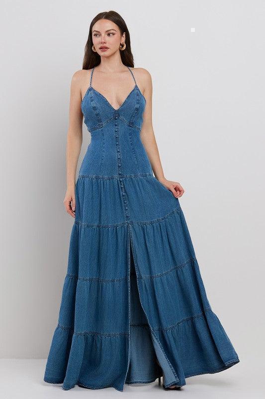 DENIM O-RING BACK DETAILED TIERED MAXI DRESS PRIVILEGE