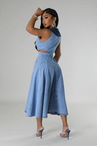 DENIM SIDE CUT OUT FLARE DRESS PRIVILEGE
