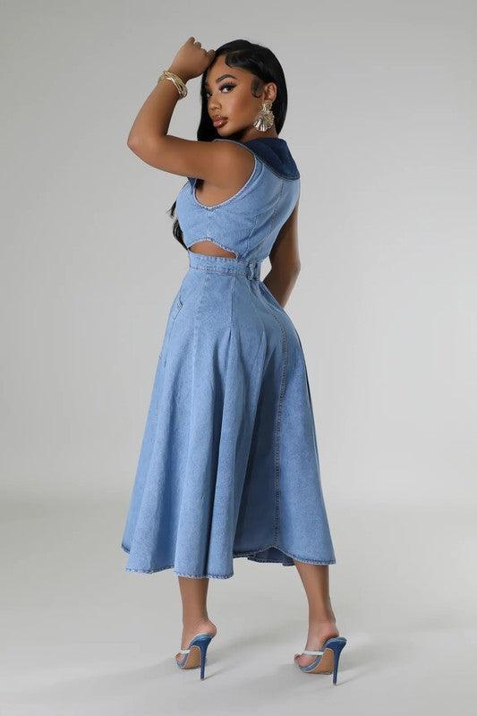 DENIM SIDE CUT OUT FLARE DRESS PRIVILEGE