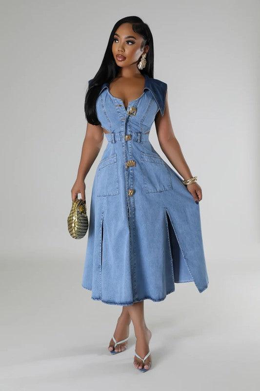 DENIM SIDE CUT OUT FLARE DRESS PRIVILEGE