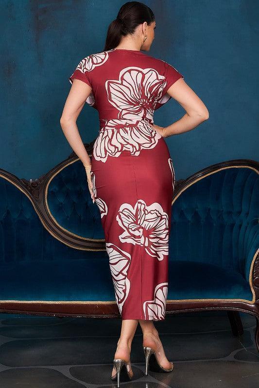 Printed deep V-neck pleats midi dress PRIVILEGE