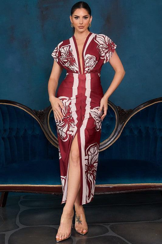 Printed deep V-neck pleats midi dress PRIVILEGE