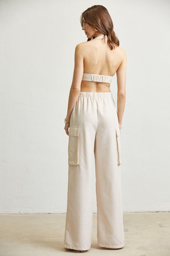 Rhinestone Linen-look Cargo Pant Set