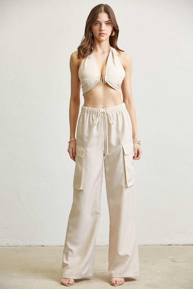 Rhinestone Linen-look Cargo Pant Set