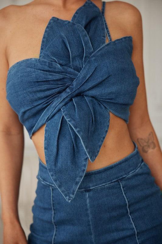 FLOWER WRAP TOP WITH FLARE DENIM PANT SET PRIVILEGE
