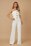 OFF SHOULDER BUTTON TRIM FASHION JUMPSUIT