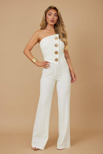 OFF SHOULDER BUTTON TRIM FASHION JUMPSUIT