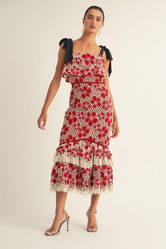 Flower Embroidered Lace Ruffle Bottom Midi Dress PRIVILEGE
