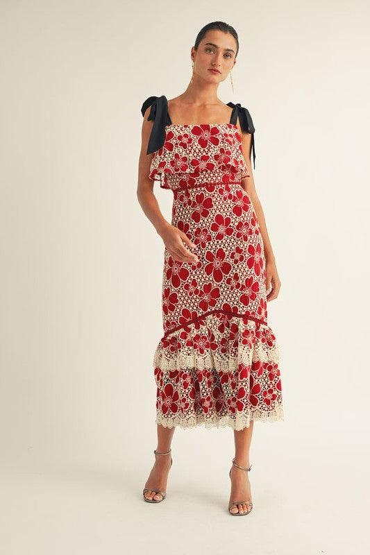 Flower Embroidered Lace Ruffle Bottom Midi Dress PRIVILEGE