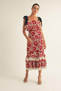 Flower Embroidered Lace Ruffle Bottom Midi Dress PRIVILEGE