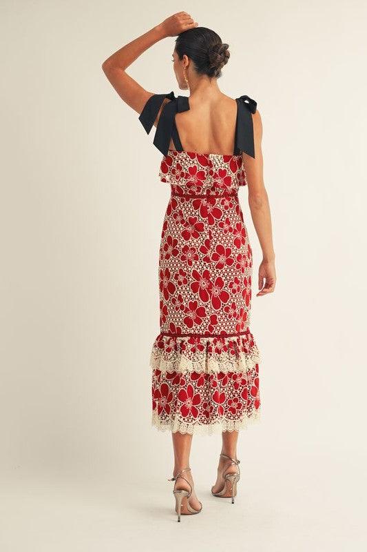 Flower Embroidered Lace Ruffle Bottom Midi Dress PRIVILEGE