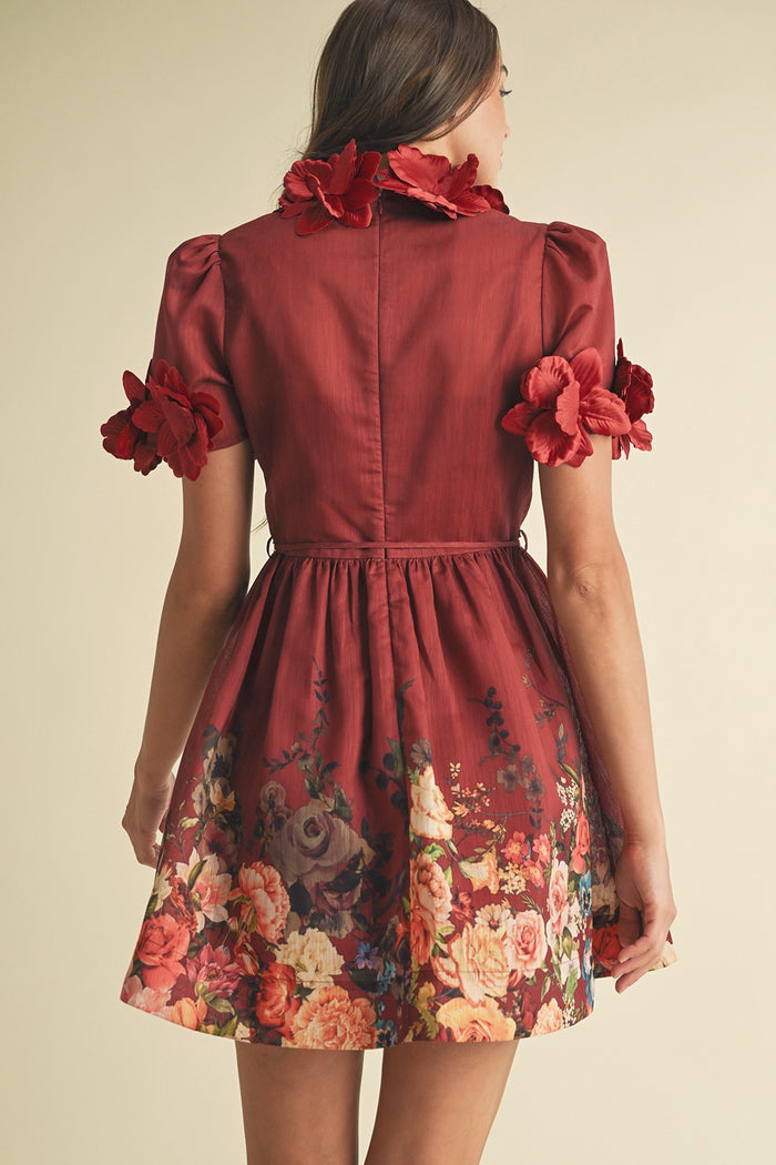 Wine Delight Floral Appliqué Puff Sleeve Mini Dress