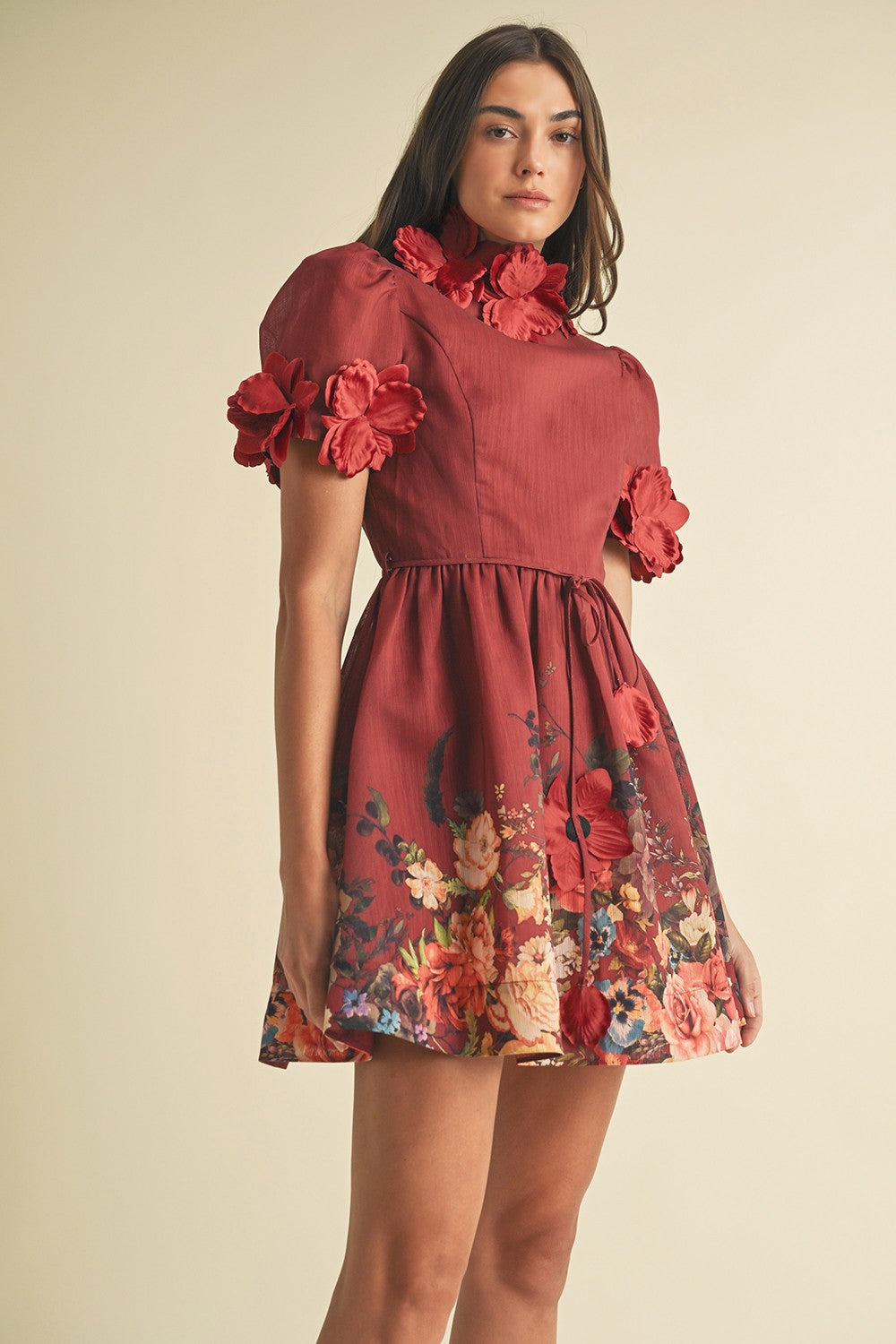 Wine Delight Floral Appliqué Puff Sleeve Mini Dress