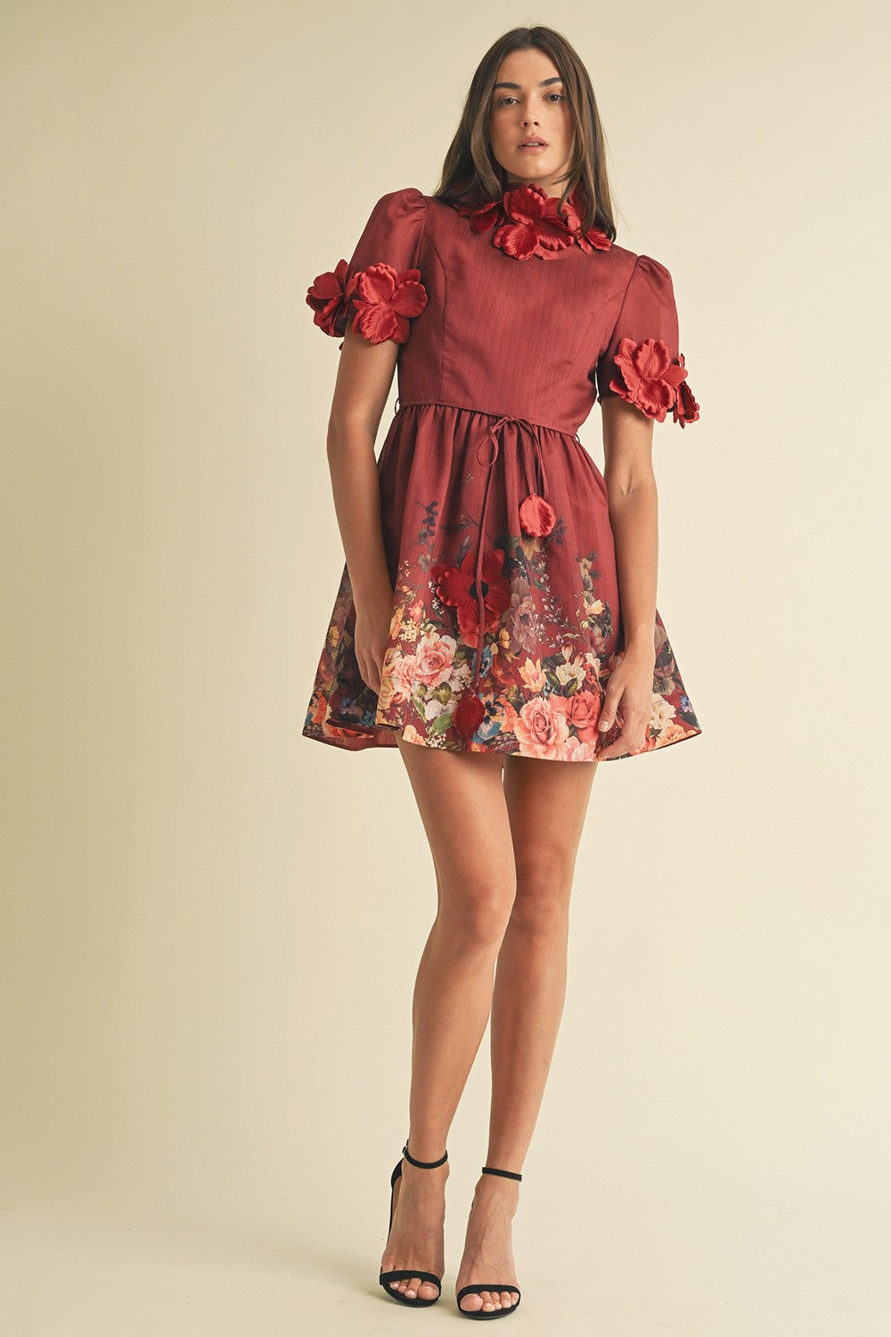 Wine Delight Floral Appliqué Puff Sleeve Mini Dress