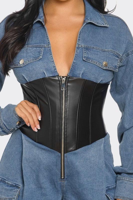 Denim Cargo Jumpsuit with Faux Leather Corset PRIVILEGE