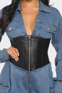 Denim Cargo Jumpsuit with Faux Leather Corset PRIVILEGE