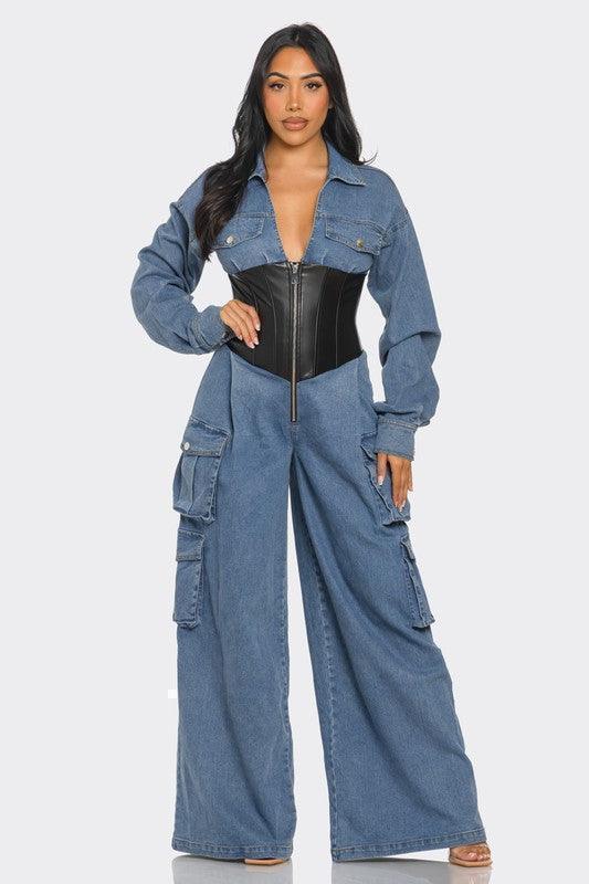 Denim Cargo Jumpsuit with Faux Leather Corset PRIVILEGE
