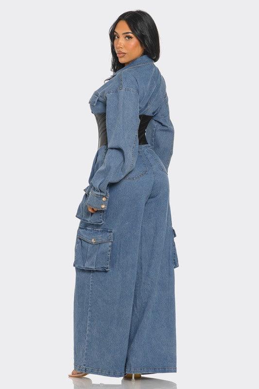 Denim Cargo Jumpsuit with Faux Leather Corset PRIVILEGE