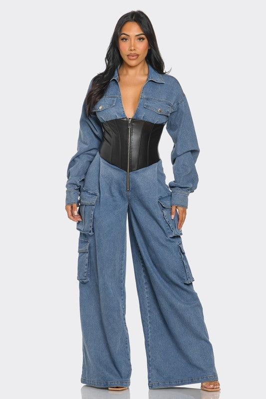Denim Cargo Jumpsuit with Faux Leather Corset PRIVILEGE