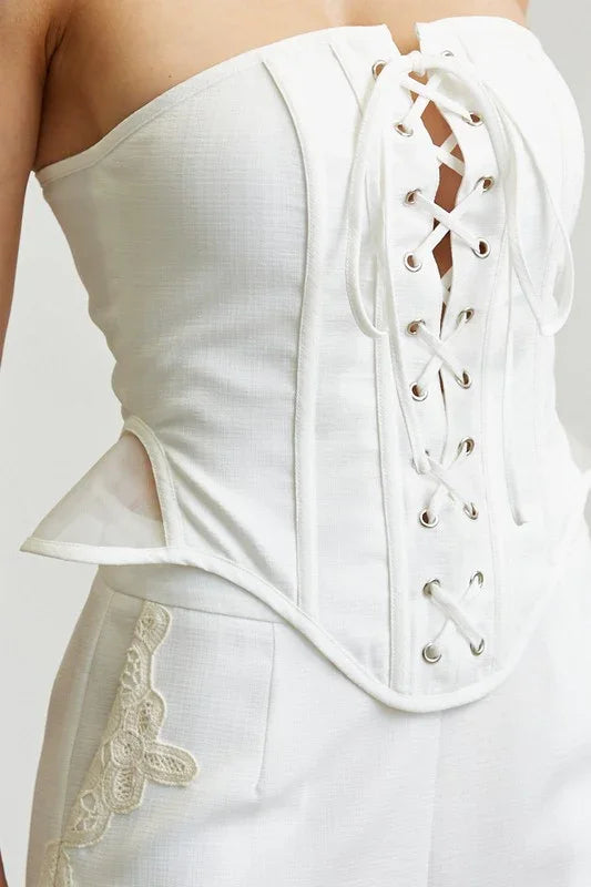 Crochet Lace Linen-look Corset 2-pc Set PRIVILEGE