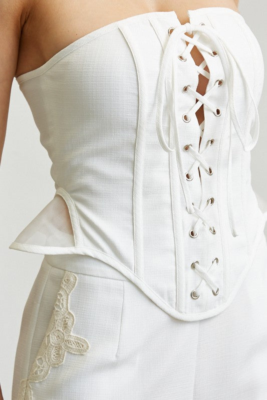Crochet Lace Linen-look Corset 2-pc Set
