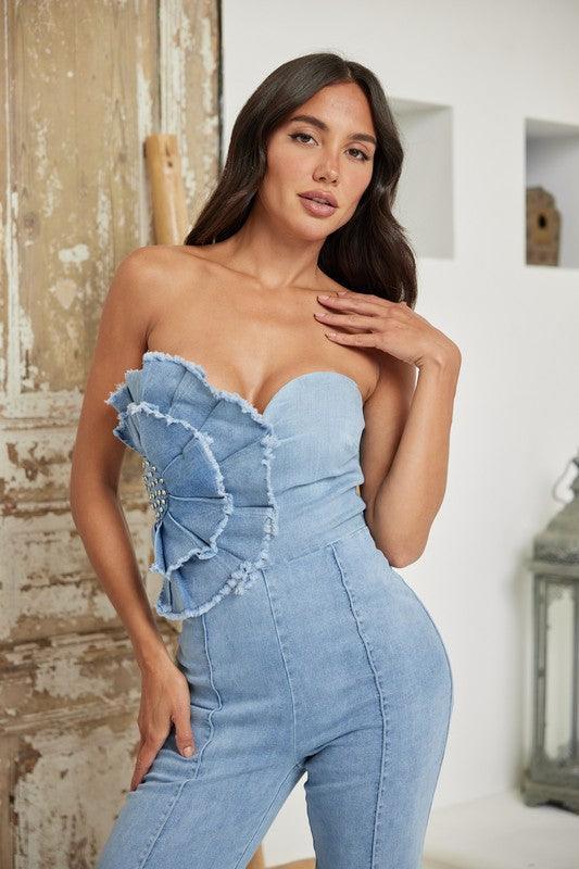 FLORAL APPLIQUE TUBE STYLE DENIM JUMPSUIT