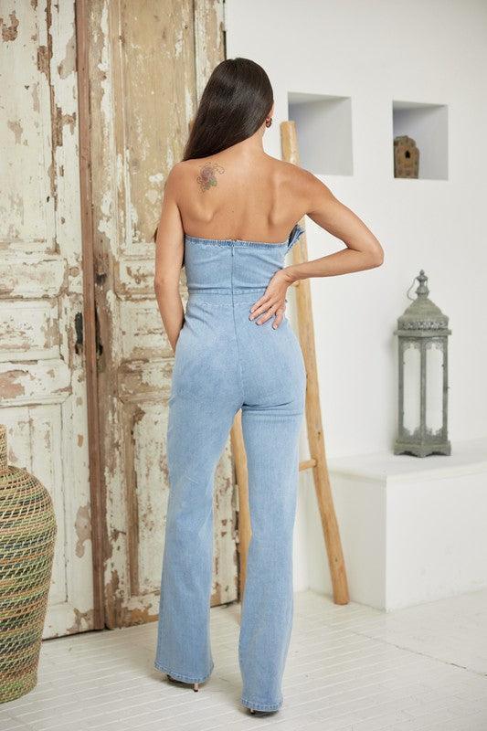 FLORAL APPLIQUE TUBE STYLE DENIM JUMPSUIT PRIVILEGE