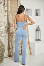 FLORAL APPLIQUE TUBE STYLE DENIM JUMPSUIT