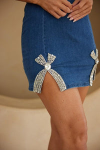 X RIBBON WITH STONE DETAIL SHORT DENIM DRESS PRIVILEGE