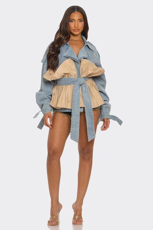 Pleated Contrast Denim Jacket PRIVILEGE