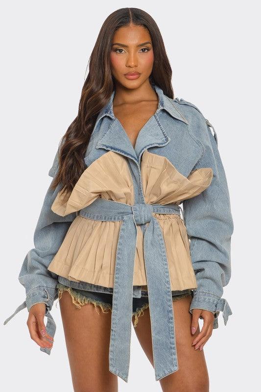 Pleated Contrast Denim Jacket PRIVILEGE