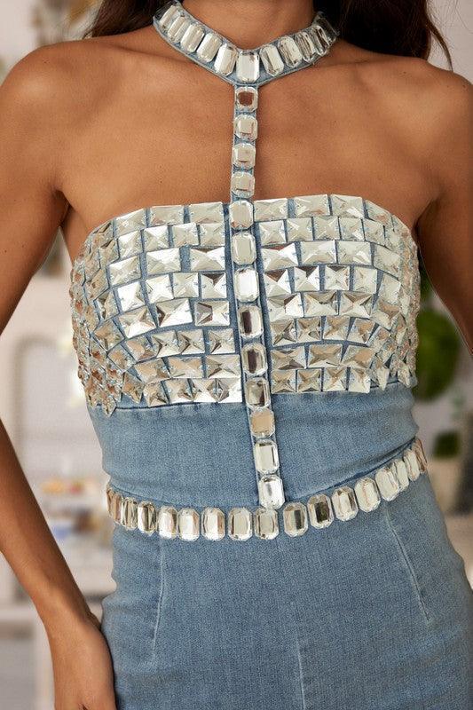 DIAMOND STUDDED HALTER TOP DENIM  FLARE JUMPSUIT PRIVILEGE